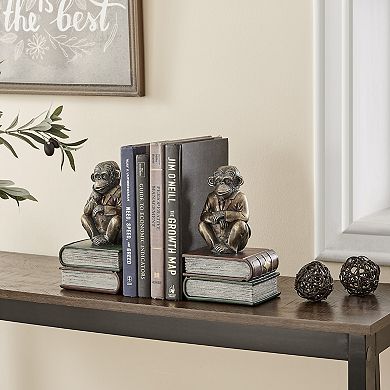 Danya B. Monkeys On Books Polyresin Antique Patina Finish Bookend Set Of 2