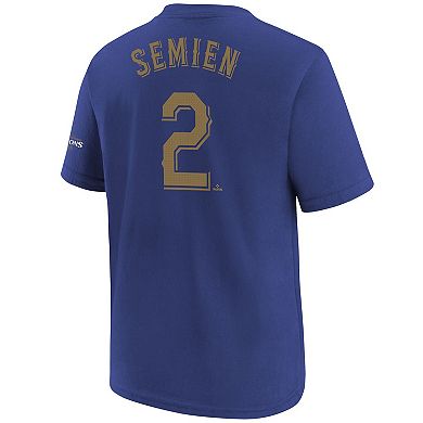 Youth Nike Marcus Semien Blue Texas Rangers 2024 Gold Collection Name & Number T-Shirt