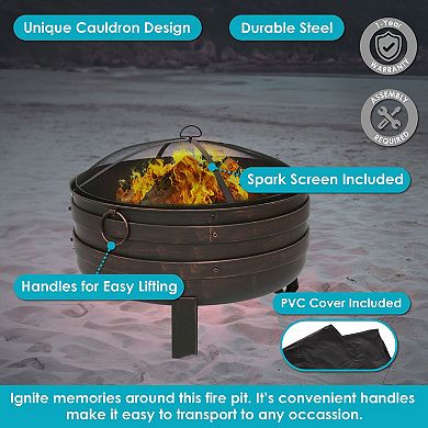 Sunnydaze 24 In Cauldron Fire Pit With Spark Screen And Cover - Bronze