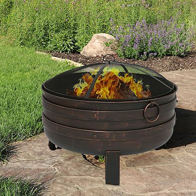 Sunnydaze 24 In Cauldron Fire Pit With Spark Screen And Cover - Bronze