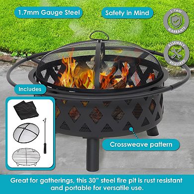 Sunnydaze 30 In Steel Crossweave Fire Pit With Spark Screen - Black