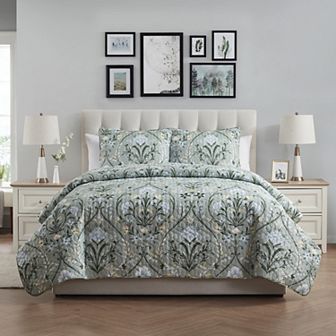 VCNY Home Province 3 pc Green Floral Damask Printed Quilt Set