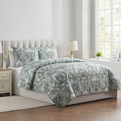 VCNY Home Province 3-Piece Green Floral Damask Printed Quilt Set