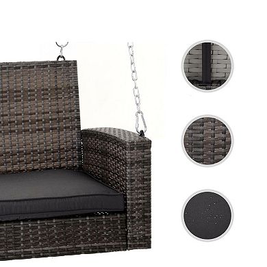Grey Tones Wicker Porch Swing 7ft Hanging Chain With Dark Grey Padded Cushion