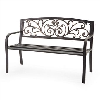 Curved Metal Garden Bench With Heart Pattern In Black Antique Bronze Finish