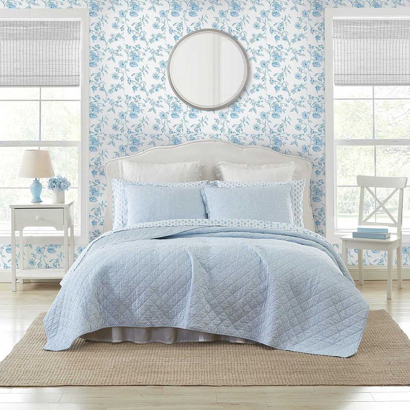 Laura Ashley King Oxford Striped 100% Cotton Quilt Set Blue: Includes 2 Shams, Year Round Comfort