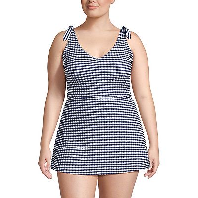 Plus Size Lands End Gingham Print V Neck Tie Shoulder Mini One Piece Swim Dress