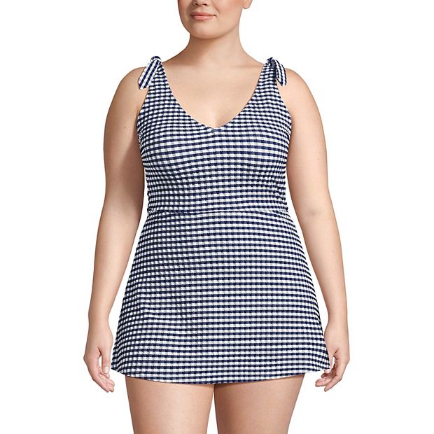 Plus Size Lands' End Gingham Print V-Neck Tie Shoulder Mini