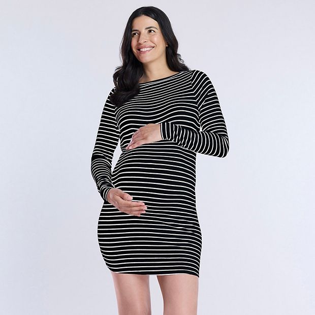 black maternity mini dress HATCH Collection The Samantha Off-The-Shoulder Jacquard Mini Dress in Black