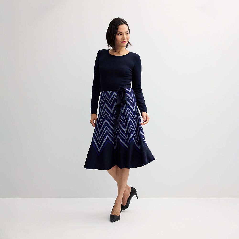 fit and flare dress with sweater Sweetheart Neck Ruffle Flare Sweater Dress is a cozy blend of acrylic Women's Taylor Long Sleeve Fit