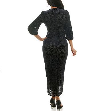 DKNY Women's Velvet Burnout V-Neck Short Flutter Sleeve Faux Wrap High Low Midi Dress