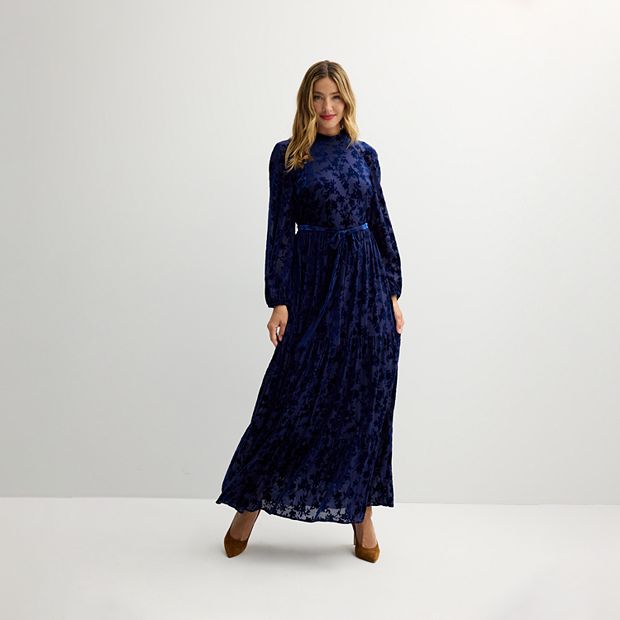 blue velvet long sleeve maxi dress Blue Velvet Long Sleeves Floor Length Wedding Party Dress, Blue Formal Gown US size 2 / Blue main image 0