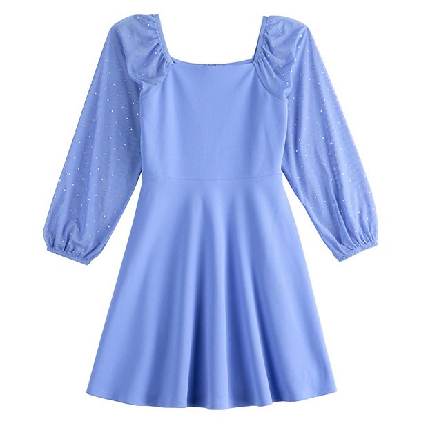 blue skater dress with sleeves Elowin Statement Sleeve Skater Midi Dress Blue Floral – Girl In Mind main image 1