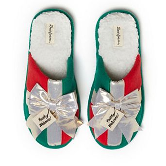 Dearfoams Holiday Green Gift Bow Novelty Adult Scuff Slippers