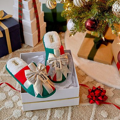 Dearfoams Holiday Green Gift Bow Novelty Adult Scuff Slippers