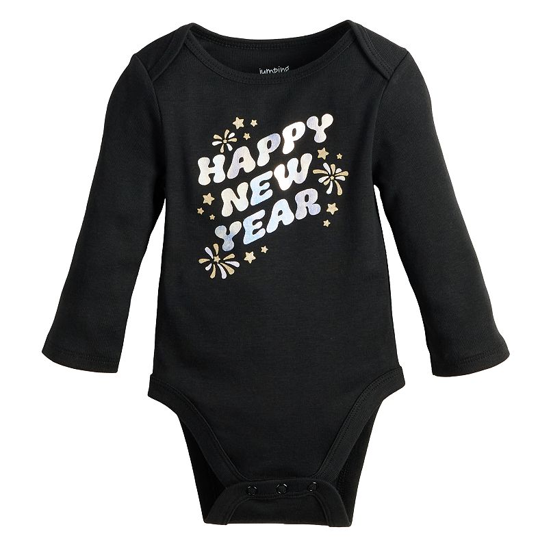 A black baby bodysuit with silver text and fireworks