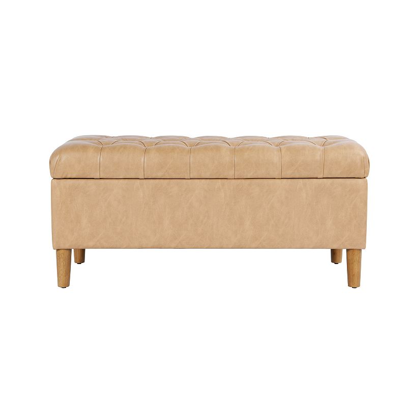 HomePop Button Tufted Padded Top Storage Bench, Brown Faux Leather