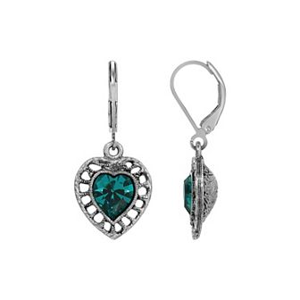 1928 Silver Tone Filigree Heart Color Stone Earrings