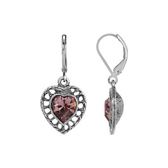 1928 Silver Tone Filigree Heart Color Stone Earrings