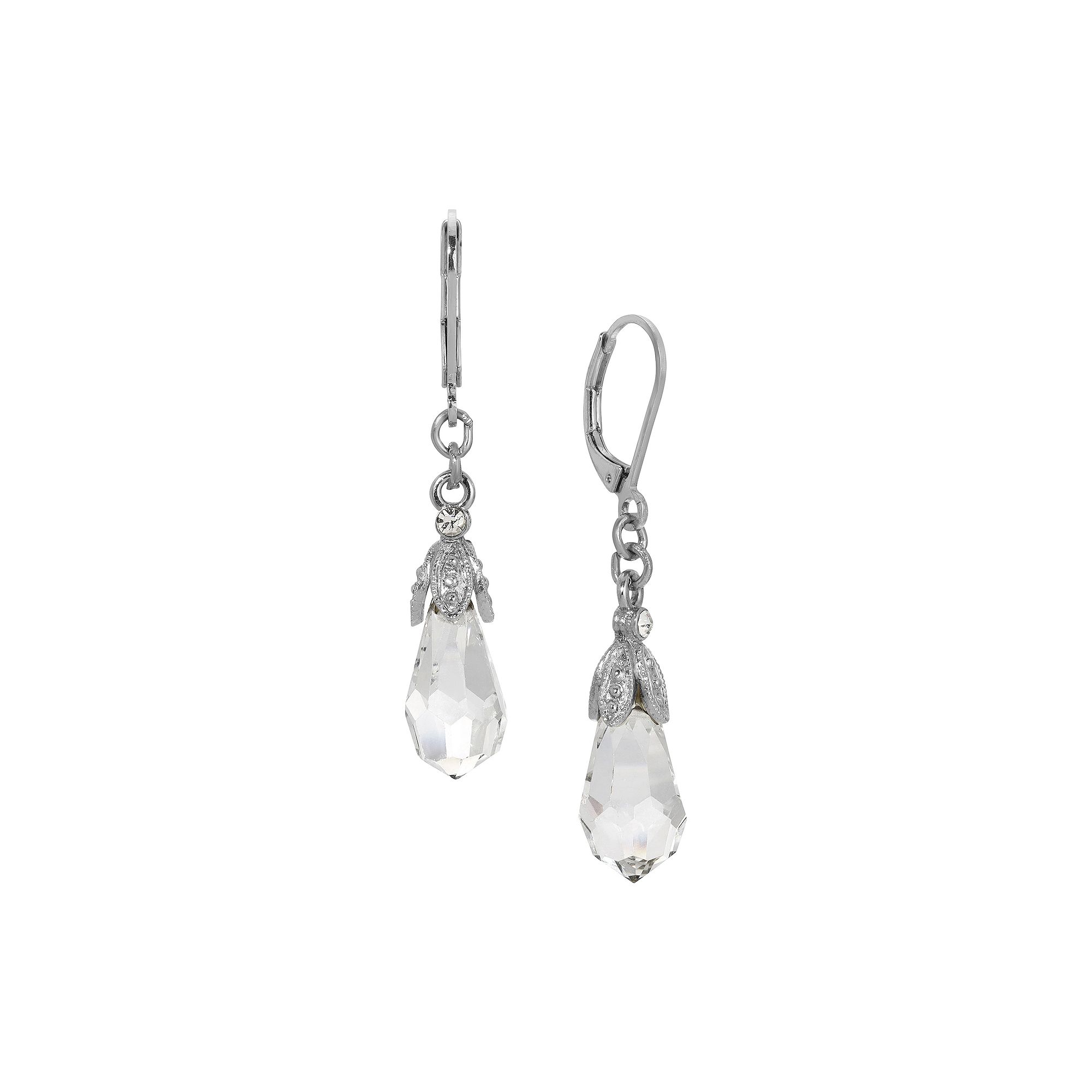 1928 Crystal Drop Leverback Earrings, Womens, Silver