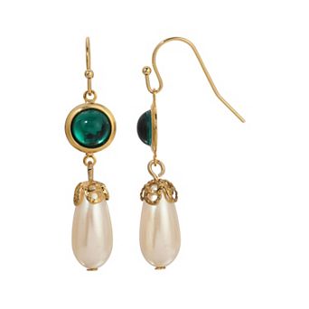 1928 Gold Tone Color Drop Faux Pearl Earrings