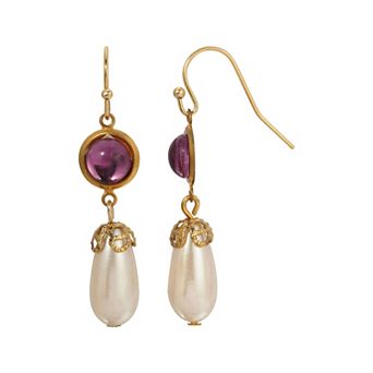 1928 Gold Tone Color Drop Faux Pearl Earrings