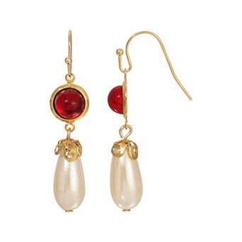 1928 Gold Tone Color Drop Faux Pearl Earrings