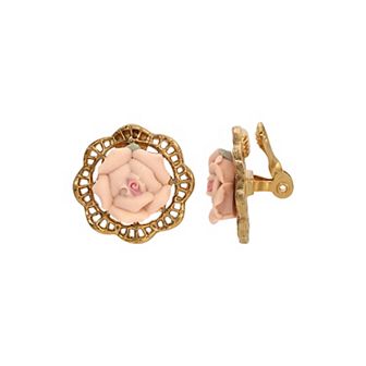 1928 Porcelain Rose Round Clip Earrings