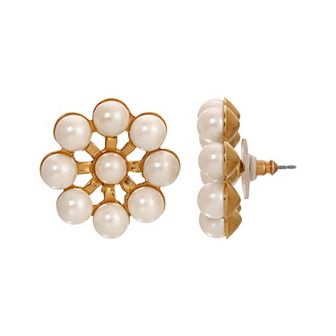 1928 Gold Tone Faux Pearl Round Stud Earrings