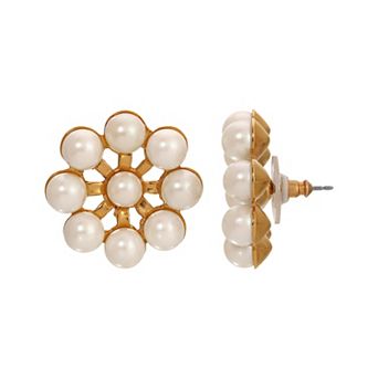 1928 Gold Tone Faux Pearl Round Stud Earrings