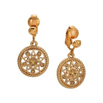 1928 Gold Tone Light Topaz Crystal Round Drop Clip Earrings