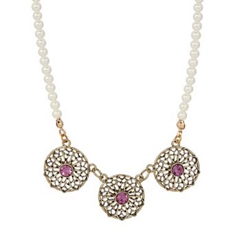 1928 Gold Tone Faux Pearl Filigree Purple Flower Necklace