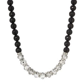 1928 Silver Tone Crystal Glass & Black Bead Necklace