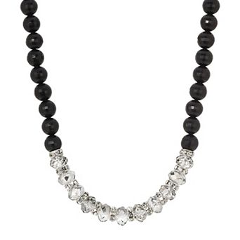 1928 Silver Tone Crystal Glass & Black Bead Necklace