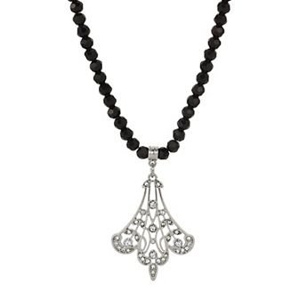 1928 Silver Tone Black Glass Bead Crystal Filigree Fan Necklace