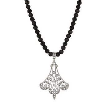 1928 Silver Tone Black Glass Bead Crystal Filigree Fan Necklace
