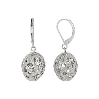 1928 Silver Tone Round Filigree Leverback Earrings