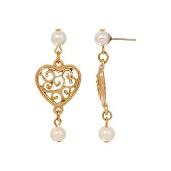 1928 Gold Tone Faux Pearl Heart Drop Earrings