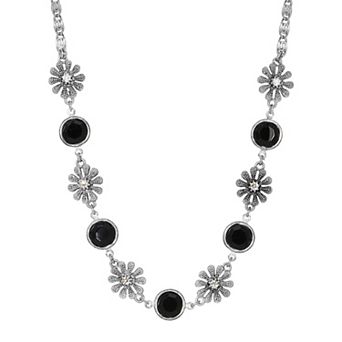 1928 Silver Tone Black Crystal Flower Necklace