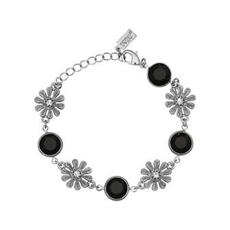 1928 Silver Tone Black Crystal Flower Bracelet