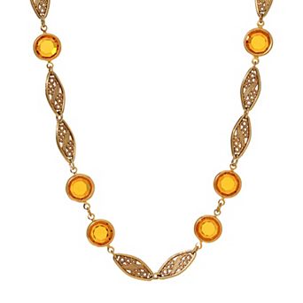 1928 Gold Tone Topaz Crystal Filigree Necklace