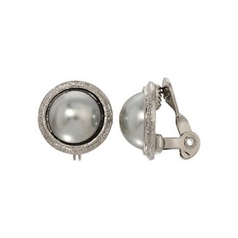 1928 Silver Tone Gray Faux Pearl Round Clip Earrings