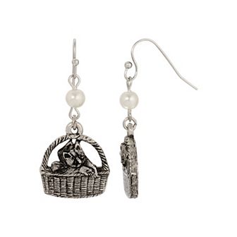 1928 Silver Tone Faux Pearl Cat in a Basket Wire Earrings