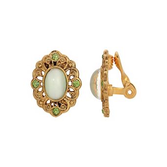 1928 Gold Tone Light Green Stone Oval Clip Earrings