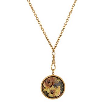 1928 Gold Tone Glass Stone Floral Locket Pendant Necklace