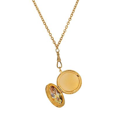 1928 Gold Tone Glass Stone Floral Locket Pendant Necklace