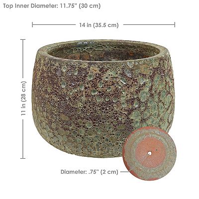 Sunnydaze 14-Inch Lava Finish Ceramic Plant Pot - Green Distressed