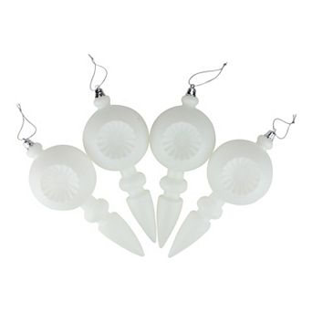 White Retro Reflector Shatterproof Matte Christmas Finial Ornaments 4 pc Set