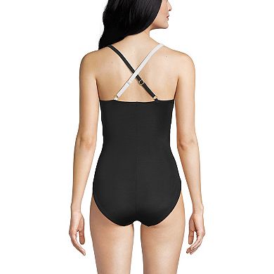 Women's Lands' End Long Slender Suit Pleated X-back One-Piece Swimsuit