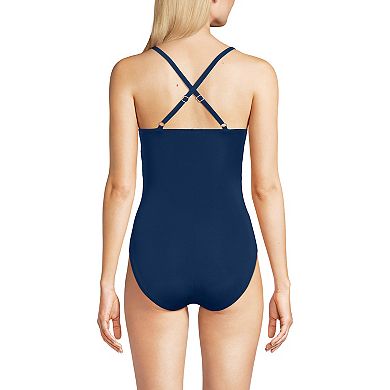 Women's Lands' End Long Slender Suit Pleated X-back One-Piece Swimsuit